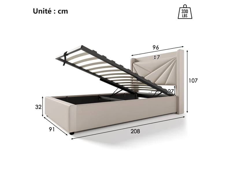 Lit coffre 90 x 200 cm - lit simple avec sommier à lattes et charge usb - coton et bois - sans matelas - beige - Conforama C