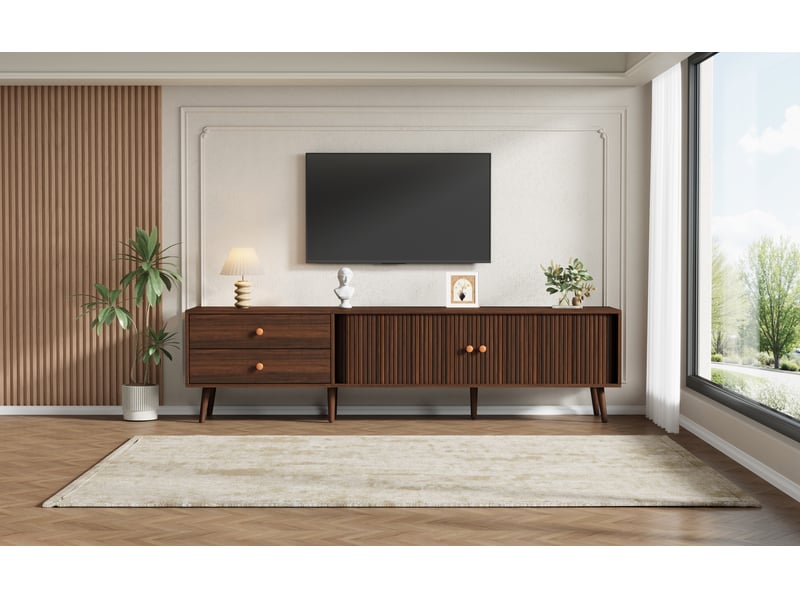  Meuble tv pour écran jusqu’à 80 pouces, 2 tiroirs, 2 portes à rideau, 180 cm, effet noyer  - Conforama D