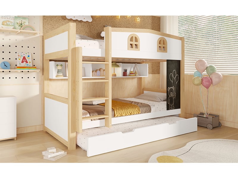  Lit superposé 2 × 90 × 200 cm, lit gigogne et étagères, blanc  - Conforama B