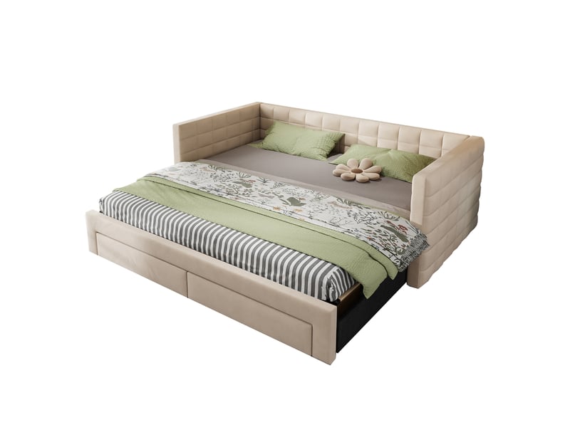  Lit coffre 3en1 90180x190cm - canapé lit escamotable + 2 tiroirs + latttes - lin - beige CozyNest - Conforama A