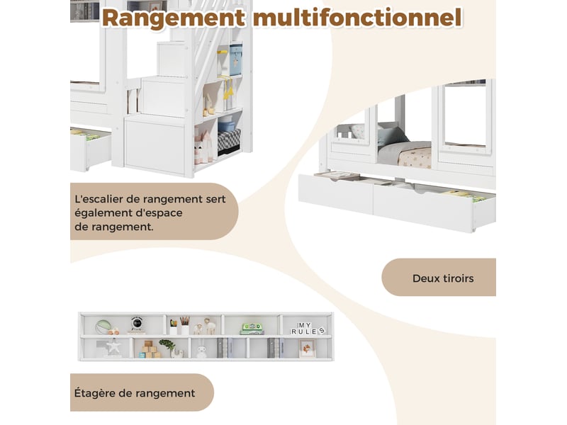  Lit mezzanine enfant 90 × 200 cm 1 place avec escalier de rangement, tiroir et barrières, sans matelas, blanc  - Conforama E
