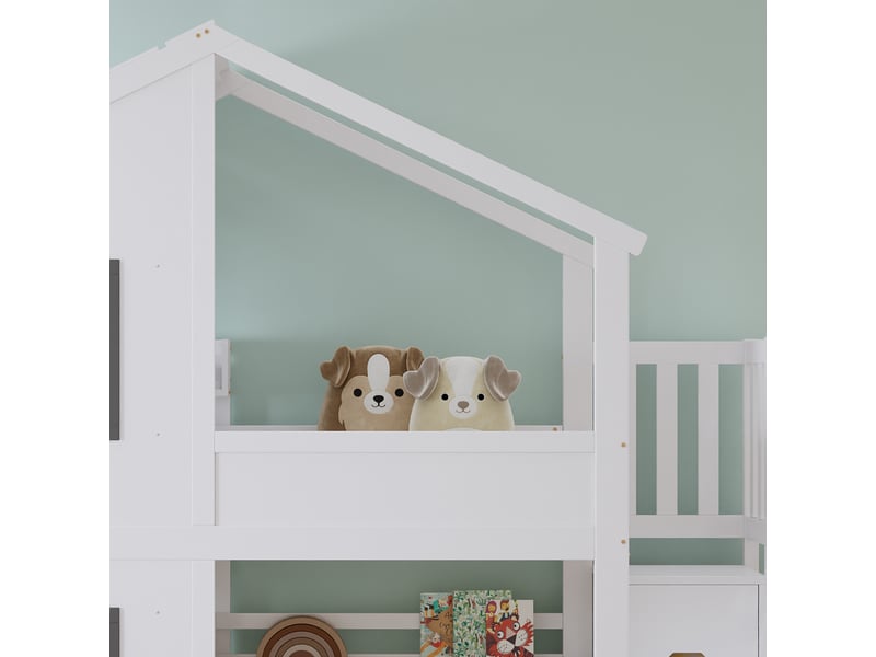  Lit superposé 2 places en bois et mdf avec escalier de rangement, toit et fenêtres, 90x200 cm, sans matelas  - Conforama E