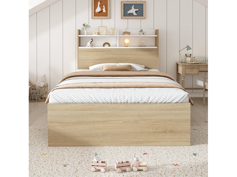  Lit enfant 90x190 cm, avec rangements tiroirs et niches, panneaux de particules et bois, chêne et blanc, sans matelas  - Conforama B