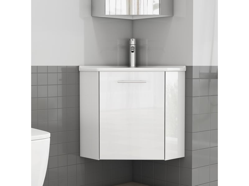  Meuble de salle de bain - 41.5x41.5x50cm - meuble d'angle lave-mains suspendu prémonté avec vasque céramique &amp; porte - blanc  - Conforama C