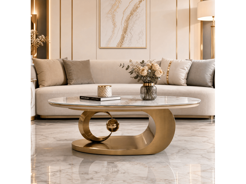  Table basse ovale 120x67x41 cm en plateau aspect marbre blanc et structure en métal doré, design élégant  - Conforama E