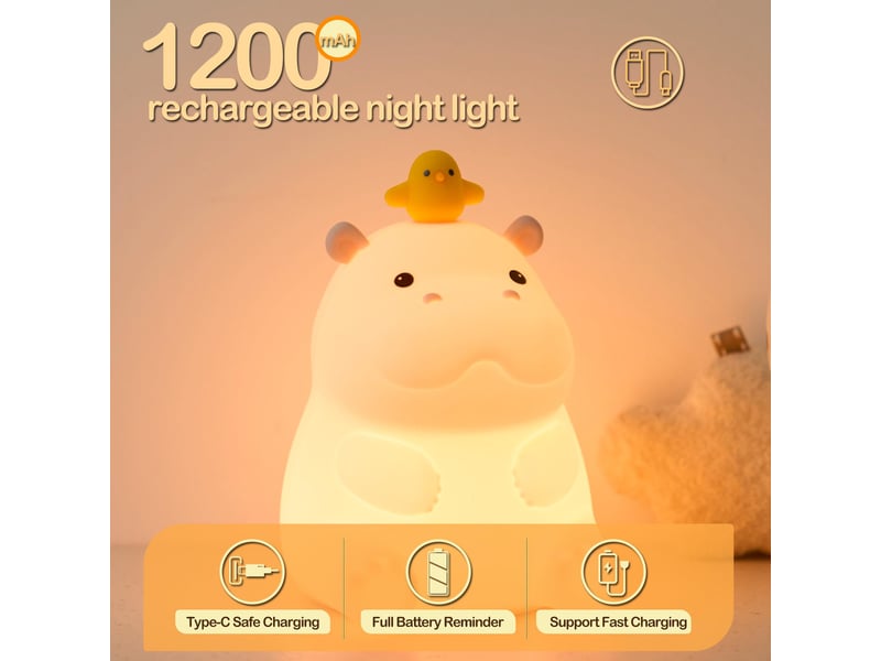  Veilleuse hippopotame led en silicone, lampe animale souple, 2 niveaux de luminosité, décoration chambre d’enfant  - Conforama E