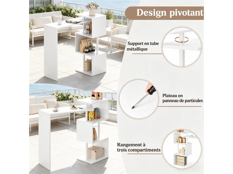  Table de salon muvano, table de bar blanche avec étagères, dimensions compactes 97,5 x 38 cm hauteur 100 cm  - Conforama D
