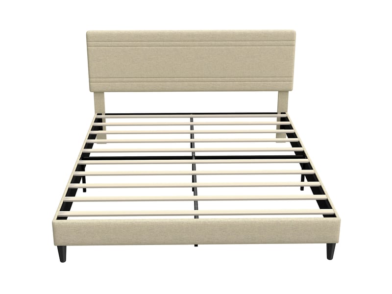  Cadre de lit 160 x 200 cm avec sommier en bois, rembourré en effet lin, cadre en acier, 9 pieds robustes, beige  - Conforama B