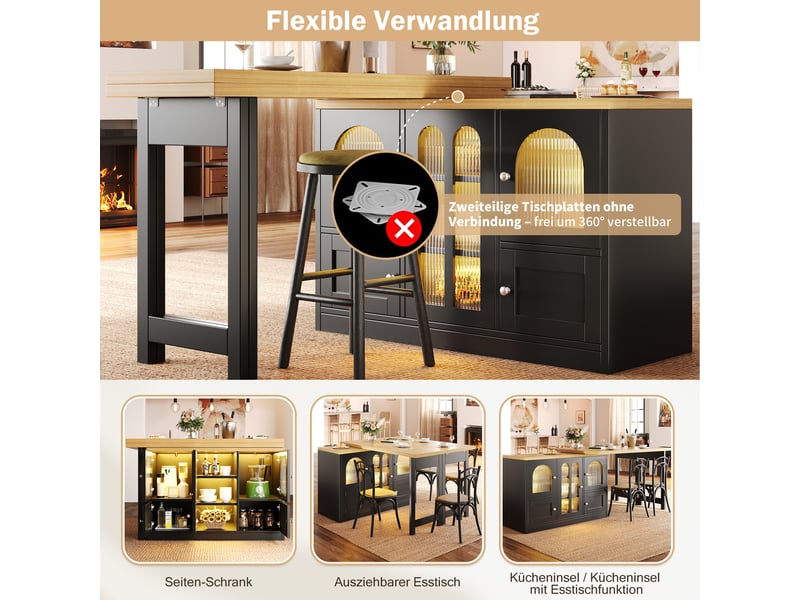 Table à manger extensible avec buffet intégré 120-197 cm, meuble cuisine 3-en-1 avec led rgb, portes vitrées, rangement et rotation 360° - noir - Conforama D