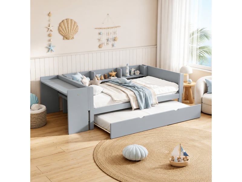  Lit enfant gigogne 90x200 cm avec bureau et 3 étagères en pin et mdf gris  - Conforama B