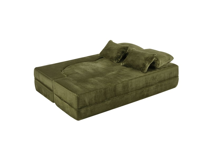 Canapé convertible au sol 2-en-1 avec 4 coussins - futon pliable, tissu peluche - vert - Conforama E