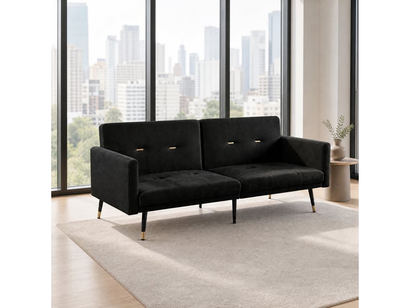  Canapé convertible 2 places en velours noir à dossiers réglables  - Conforama C