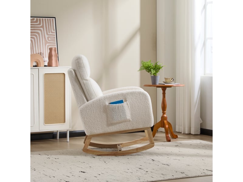 Fauteuil à bascule - 75x63x104 cm - chaise à bascule ergonomique en tissu teddy avec pochette - blanc - Conforama C