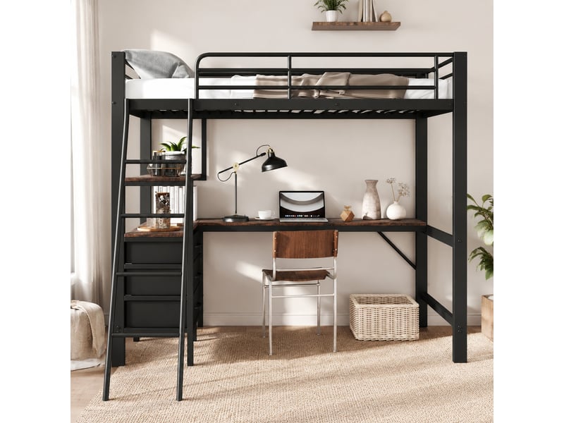 Lit mezzanine enfant 200×90 cm avec bureau de 2 m et 3 tiroirs, sans matelas, en métal et panneaux de particules - Conforama B