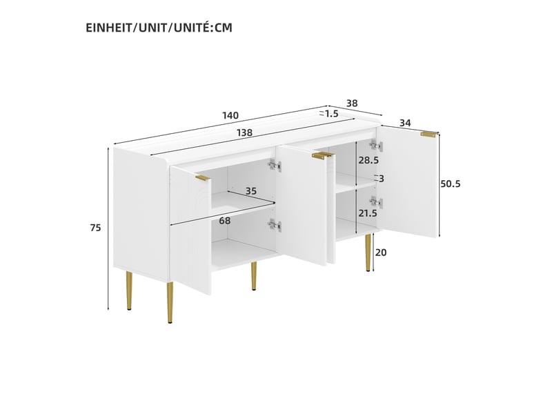 Buffet blanc moderne enfilade 140 cm avec 4 portes et pieds en métal doré, meuble de rangement pour salon - Conforama C