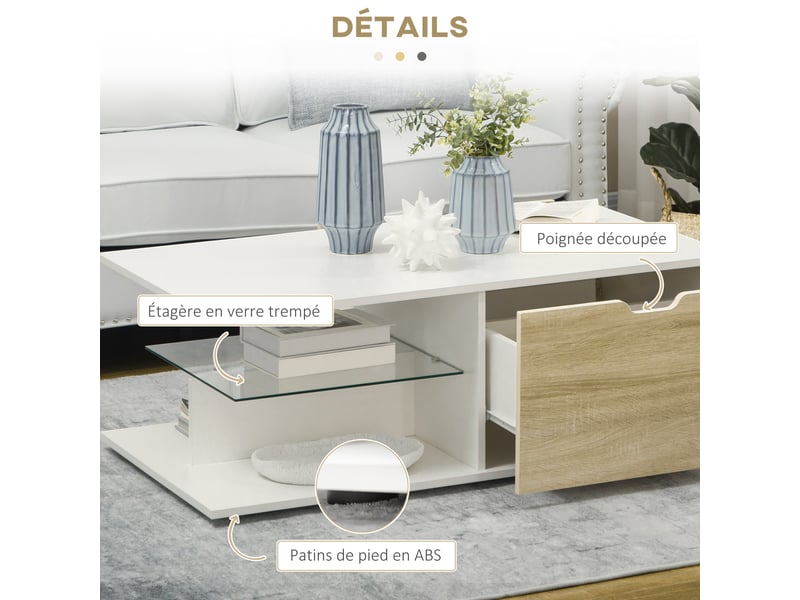 Table basse rectangulaire design contemporain 2 tiroirs 2 niches panneaux blanc aspect chêne clair étagère verre trempé  - Conforama R
