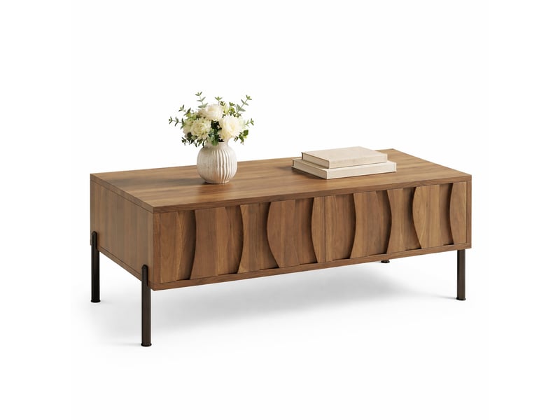  Table basse avec 2 tiroirs de rangement - lpospi - façades ondulées style rétro, pieds en métal, mdf et panneaux de particules naturel 105 × 55 × 41 cm  - Conforama A
