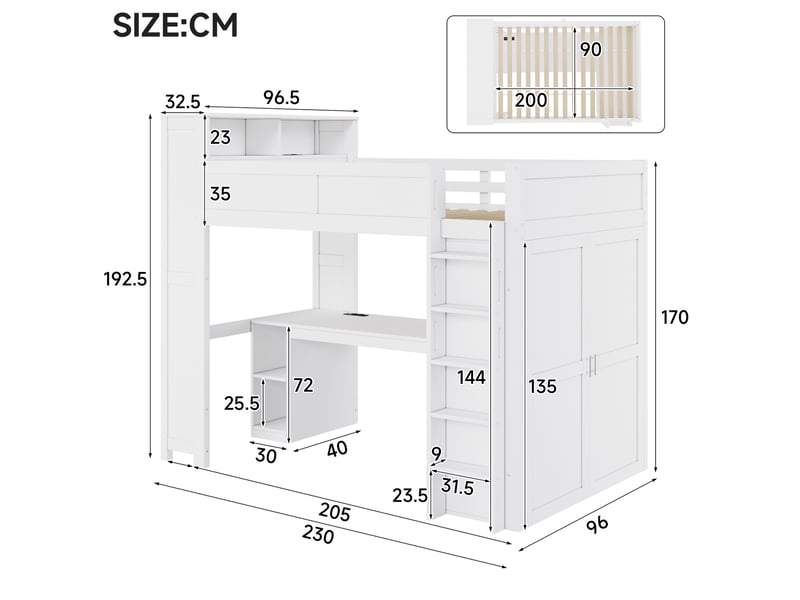 Lit mezzanine enfant 90x200 cm – blanc – bureau, armoire, rangements, usb et éclairage led – sans matelas - Conforama C