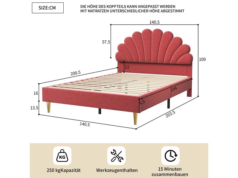  Lit enfant fille 140x200 cm lit princesse fille avec sommier à lattes pour enfants et adolescents, velours, ​​beige  - Conforama C