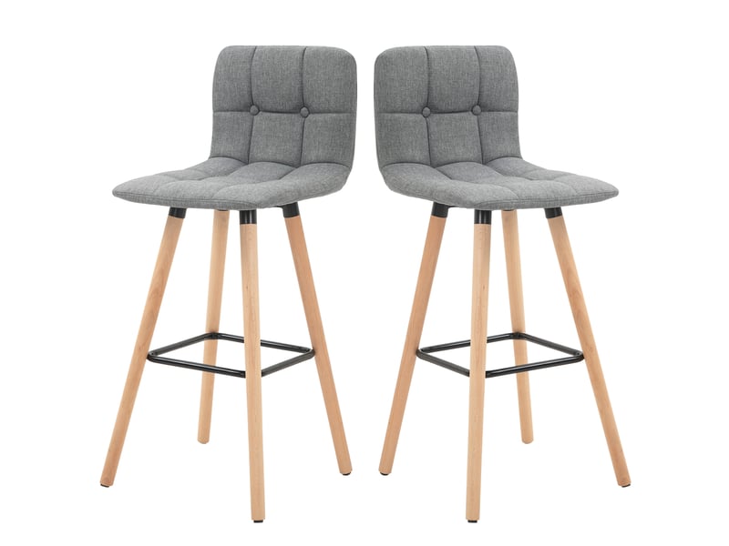  Ensemble de 2 tabourets de cuisine hauts avec dossier, repose-pieds et pieds en bois, style moderne, gris  - Conforama B