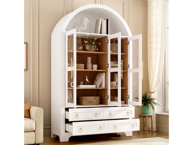  Buffet avec sommet arqué, 3 portes vitrées et 4 tiroirs, étagères réglables, poignées métalliques, 110x40x185cm  - Conforama E