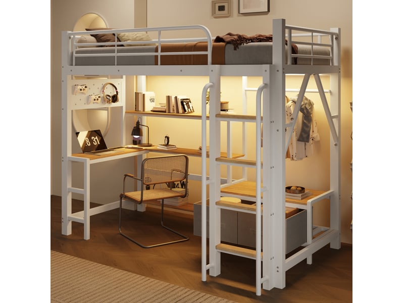  Lit mezzanine 90x200 cm avec rangements et led en métal et mdf blanc  - Conforama C