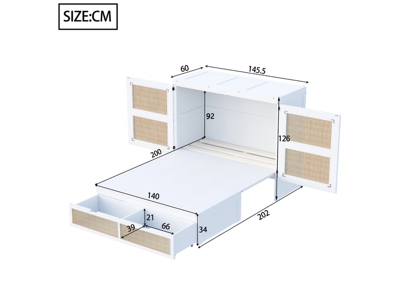  Lit escamotable vertical 140 x 200 cm blanc avec sommier à lattes et tiroirs de rangement  - Conforama E