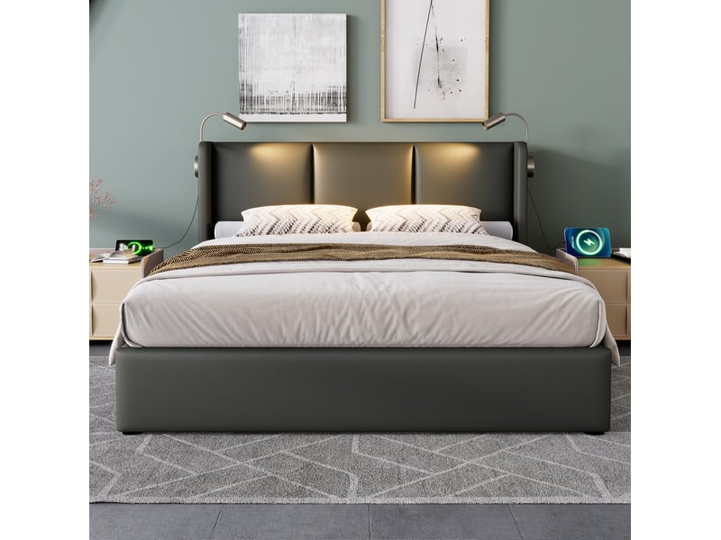  Lit coffre adulte 2 places 160x200 cm avec sommier, tête de lit avec éclairage led de lecture, usb, cadre métal, pu gris, sans matelas  - Conforama E