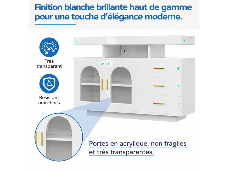  Buffet blanc brillant 120 cm 2 portes 3 tiroirs, meuble de rangement avec led, buffet salle à manger  - Conforama R