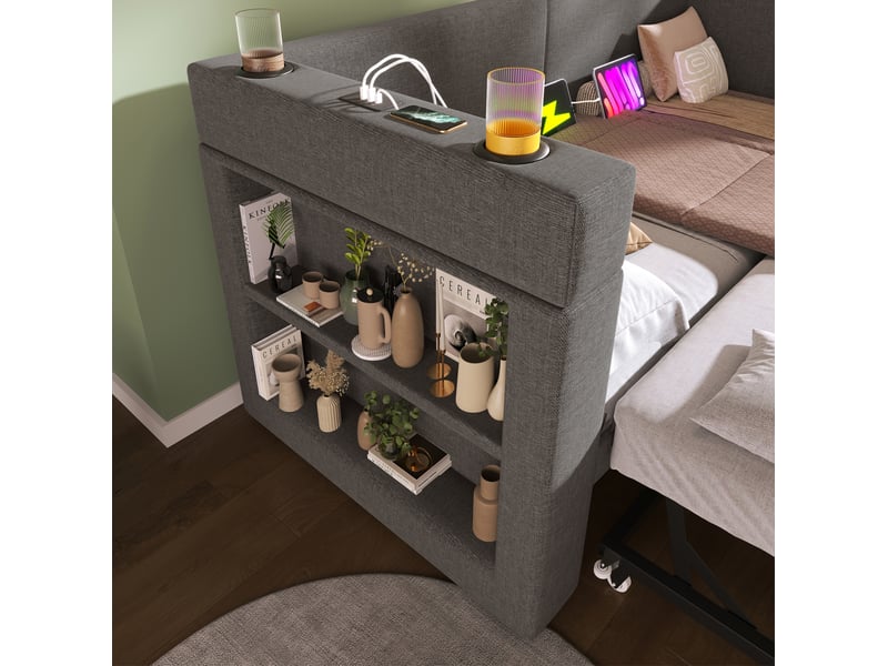  Lit de jour, 90x200 cm, usb et porte gobelets, accoudoirs réversibles, matelas non inclus, bois et métal, coloris gris  - Conforama E
