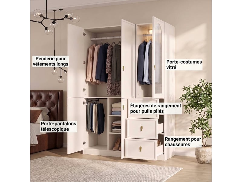  Coiffeuse avec miroir led dimmable et rangement bijoux rotatif, table de maquillage blanche 115x40x142 cm  - Conforama C