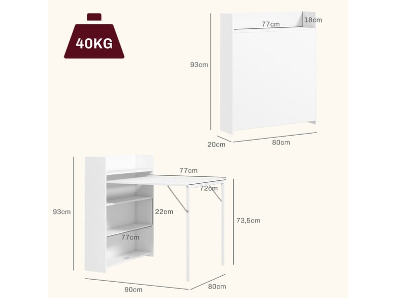  Table à manger pliante blanche 3 places avec rangements intégrés, style industriel pour petits espaces  - Conforama C