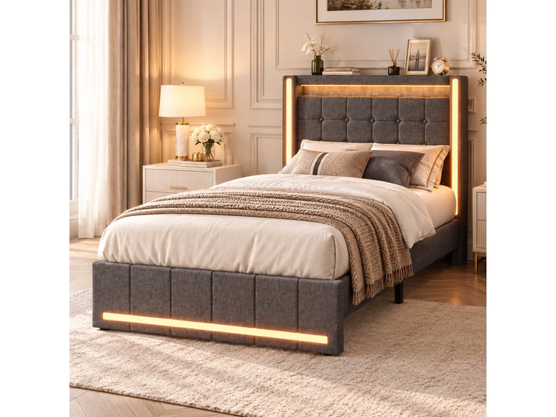 Lit simple 90x200 cm avec led,usb et 2 tiroirs, lit enfant adolescent moderne, tête de lit rembourrée, lin gris - Conforama B