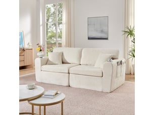 Canapé relax 2 places, canapé droit 220x100x89 cm, poche latérale, porte-gobelet, coussins inclus, en tissu chenille doux beige, pour petits espaces