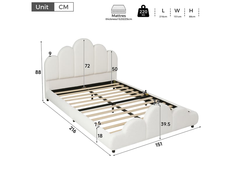  Lit enfant 140x200 cm bouclé beige avec sommier à lattes et angles arrondis  - Conforama C