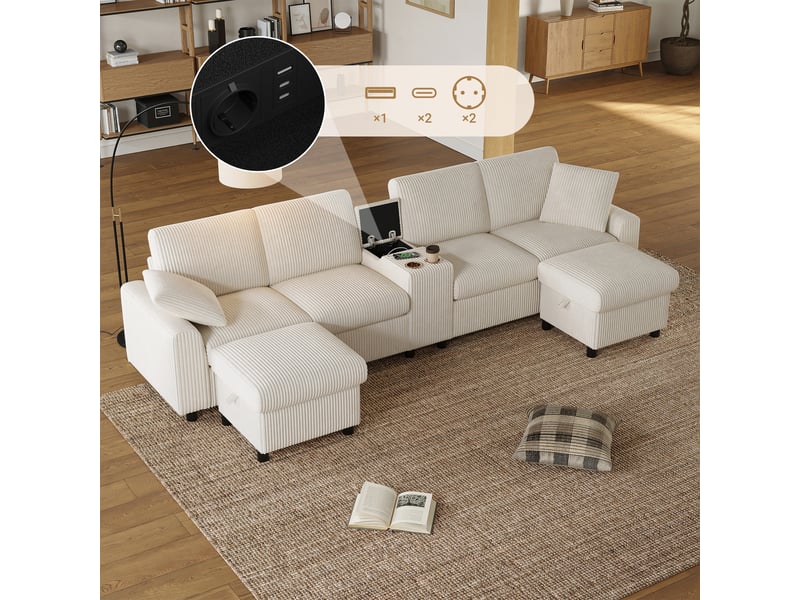  Canapé en u velours côtelé beige, canapé 4 places avec 2 poufs de rangement, table basse intégrée et ports usb pour salon moderne  - Conforama D