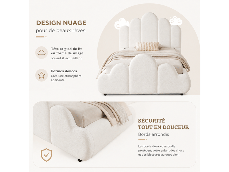  Lit simple 90 x 200 cm rembourré tête de lit rembourrée angles arrondis tissu bouclé beige  - Conforama E