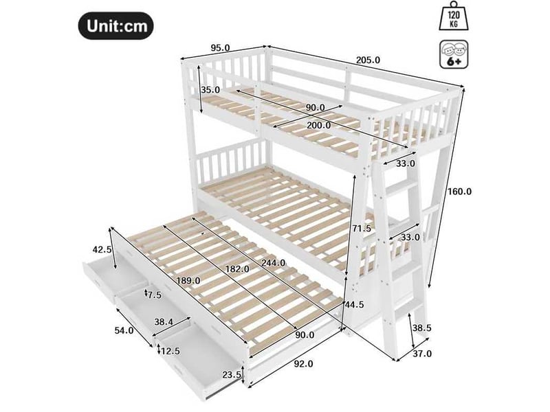  Modenvie lit superposé cabane 90x200 cm - avec lit gigogne et 3 tiroirs, sans matelas - blanc  - Conforama C