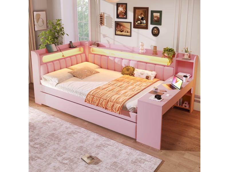 Lit tiroir gigogne 140x200 cm avec bureau, led 7 couleurs, ports usb, tissu lin rose, sans matelas - Conforama R