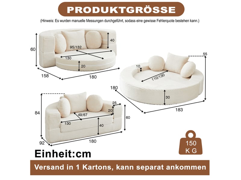 Canapé convertible 4 en 1 en mousse, transformable en canapé semi-circulaire et lit de jour rond, velours côtelé beige - Conforama E