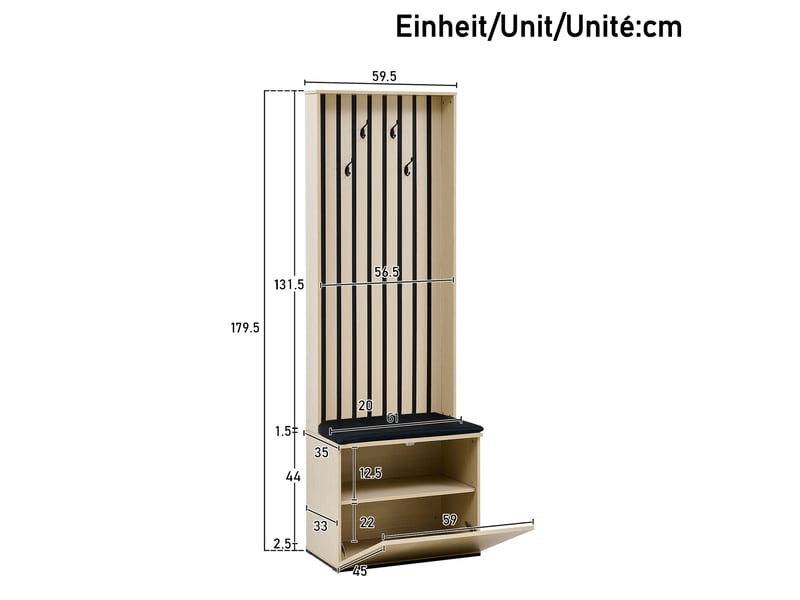  Meubles d'entrée avec miroir, banc rembourré, tringle coulissante, rangement à chaussures et 4 crochets en mdf, bois  - Conforama D