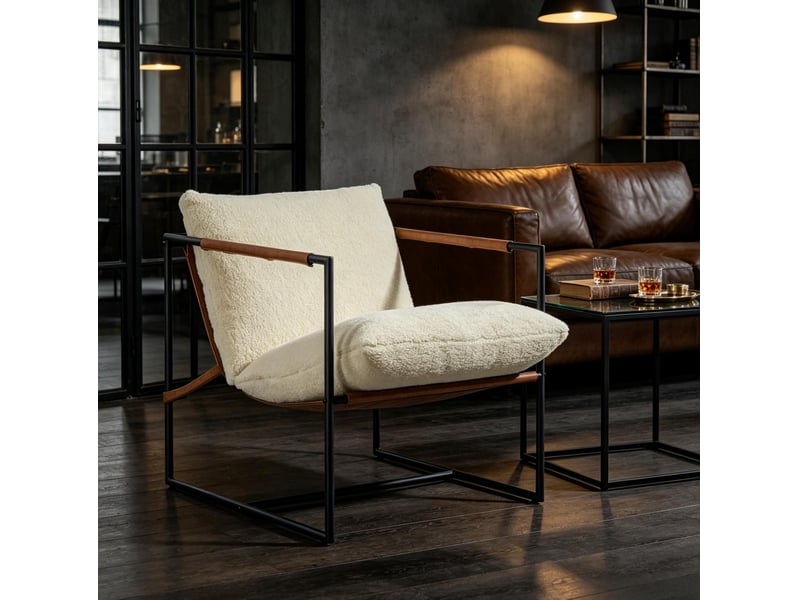  Fauteuil lounge 77x91x80 cm – crème – assise rembourrée en tissu bouclette et structure en acier carbone  - Conforama B