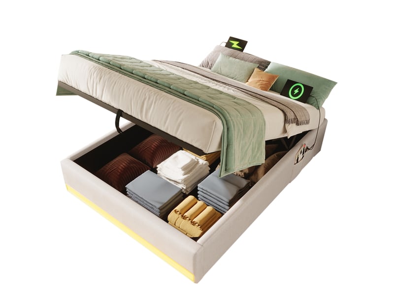 Sommier coffre rembourré 90x200 cm led multicolore usb type‑c coffre design moderne poches latérales lin beige sans matelas - Conforama A