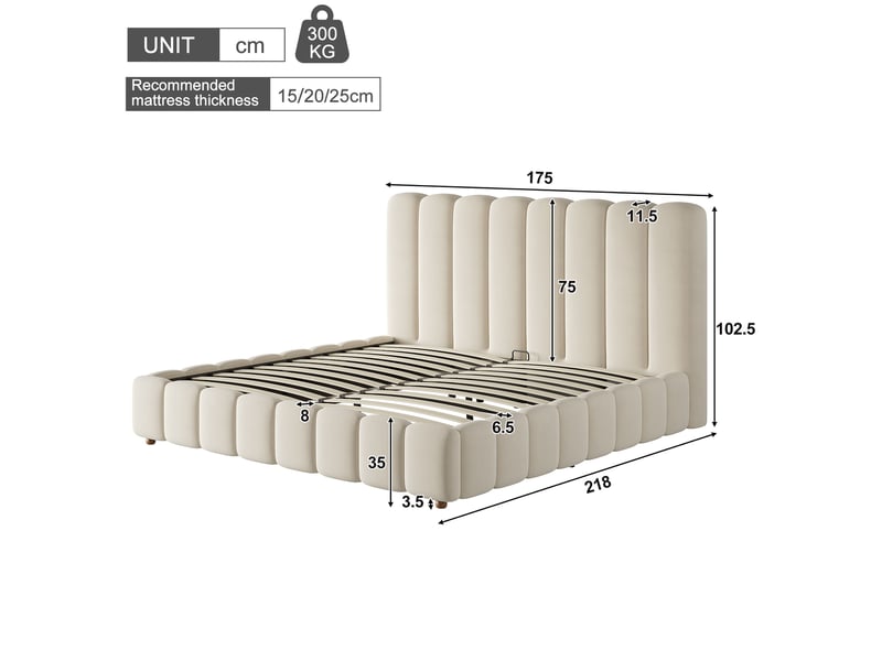  Lit capitonné, lit double, 160 x 200 cm, sommier à lattes, tête de lit rembourrée, grand espace de rangement, beige, velours  - Conforama C