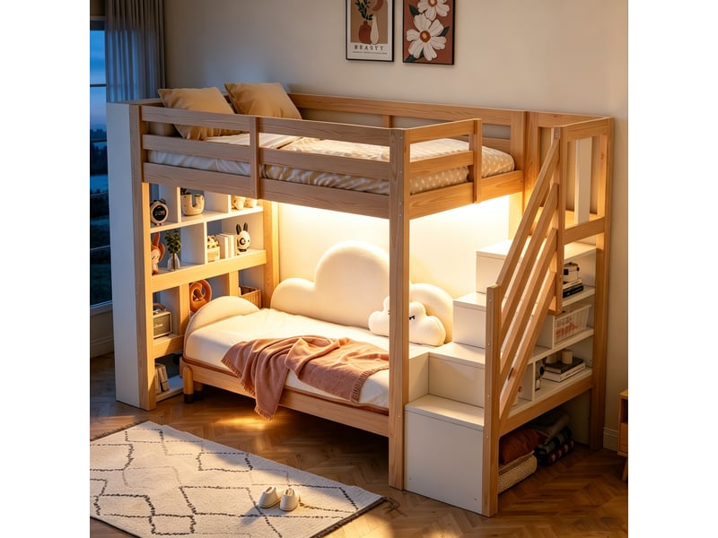  Lit mezzanine 90x200 cm coloris bois et blanc en mdf rangement led  - Conforama D