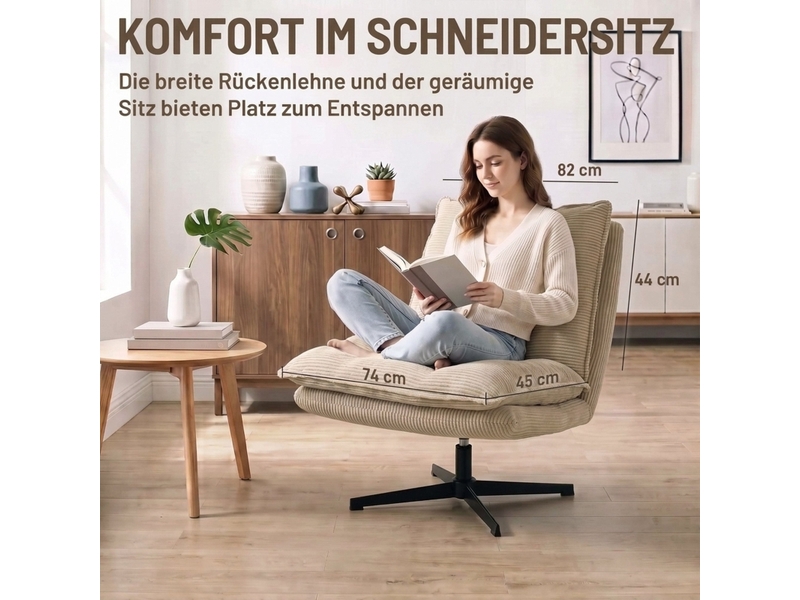  Fauteuil de salon - fauteuil lounge avec repose-pieds, pivotant à 360°, revêtement en velours côtelé, beige  - Conforama R