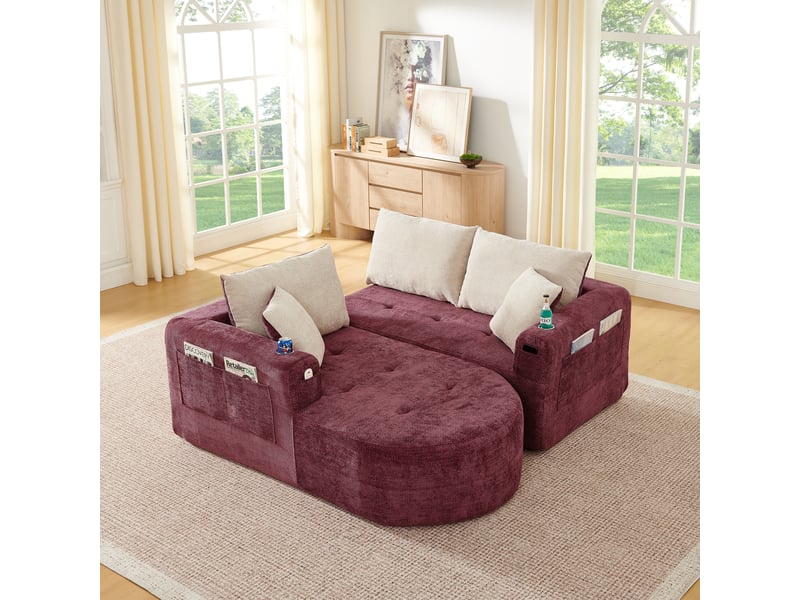 Canapé d'angle en l 3 places rouge bordeaux style canapé nuage avec porte-gobelet en acier - Conforama B