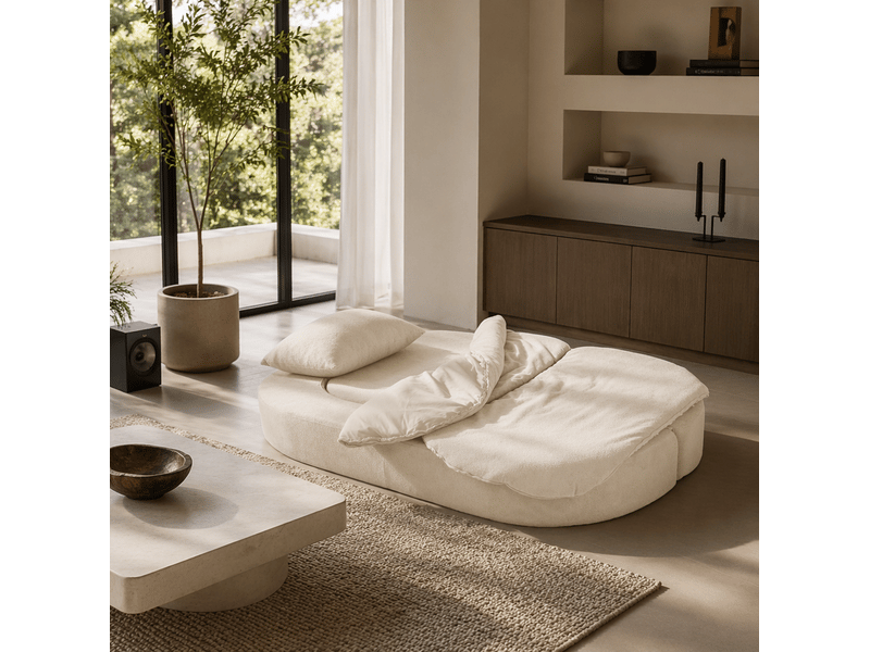 Canapé convertible 2 places avec fonction couchage, mousse à mémoire de forme et housse amovible en tissu blanc cassé - Conforama D
