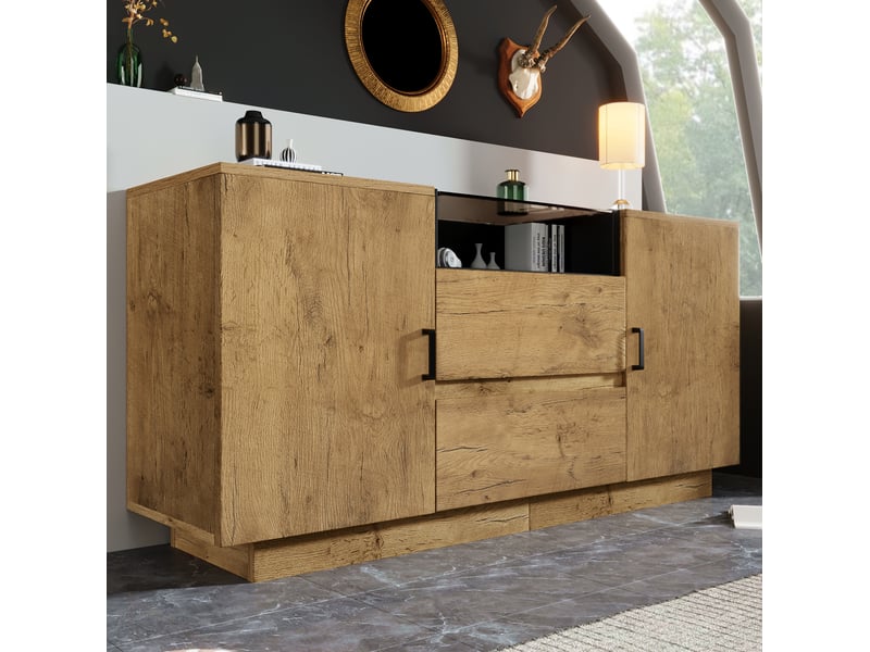  Buffet 2 portes, 2 tiroirs et compartiment ouvert, chêne clair et verre trempé brun, 140 x 40 x 70 cm  - Conforama D
