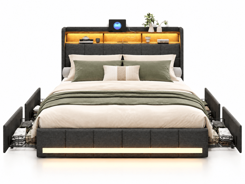  Lit double rembourré 140x190 cm avec sommier et 4 tiroirs, lit 2 personnes avec rangement et tête de lit, led et usb, lin gris  - Conforama A